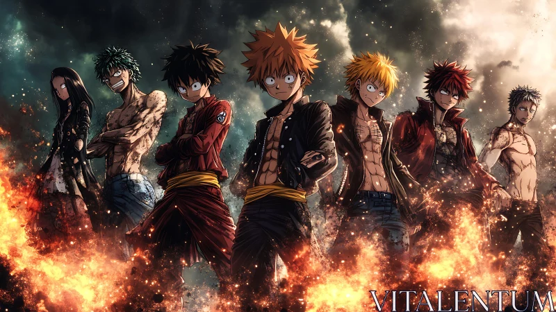 Battle-scarred anime heroes standing amid swirling fire.