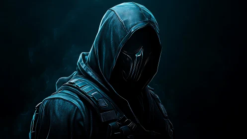 Shadowed hooded figure stands ready in sleek tactical armor