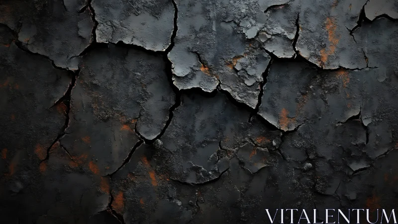 Dark cracked surface with rusted textured fragments.