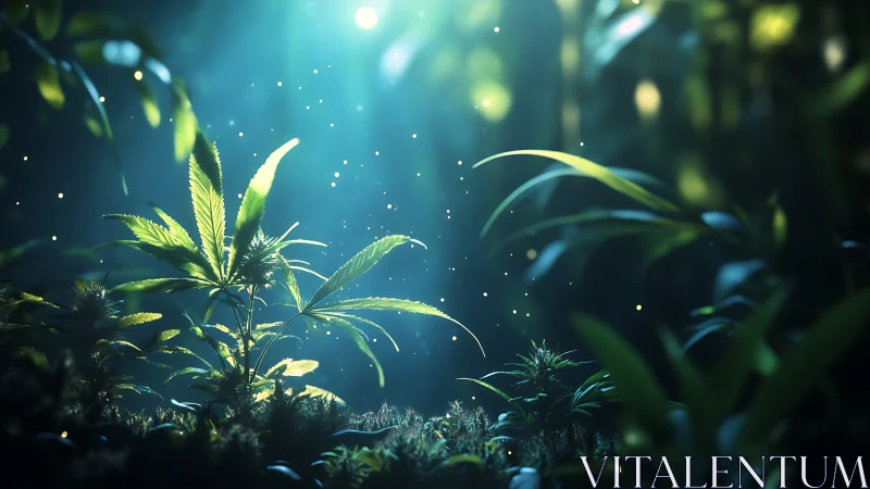 Bioluminescent forest undergrowth with ethereal glow.