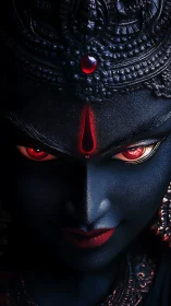Dark blue deity face with red eyes and ornate headdress.