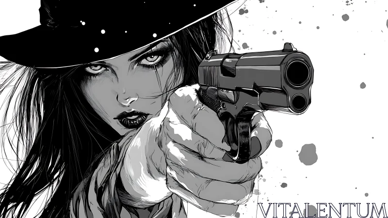 Steel-eyed gunslinger stares down fate in stark inked noir.