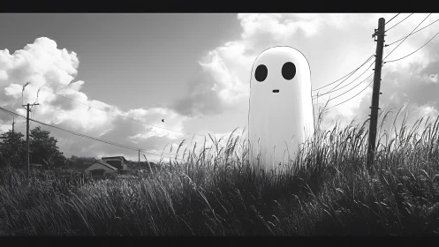 Monochrome rural field with towering minimalist ghost figure