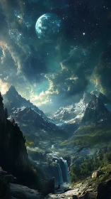 Alien valley under luminous planet and cascading falls.