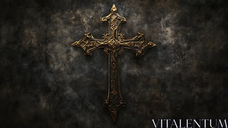 Golden ornate cross glowing softly on a weathered wall.