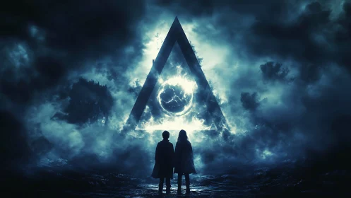 Surreal triangular portal with silhouetted figures in storm haze.