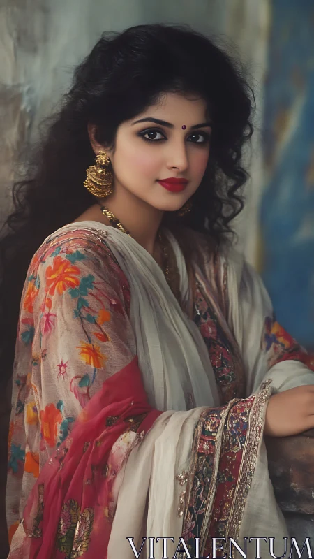 Velvet-eyed muse in embroidered sari and quiet golden light.