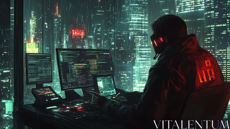 Night hacker quietly watches neon city lights through rain