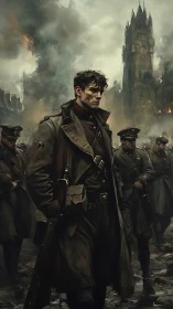 War-torn trench officer in cinematic digital painting style.