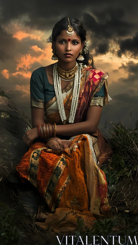 Photorealistic portrait of woman in ornate sari against storm sky.