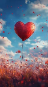 Geometric red heart-shaped balloon suspended in cloudy sky.
