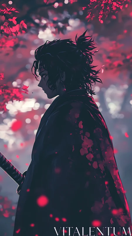 Silhouetted samurai profile under crimson foliage bokeh field