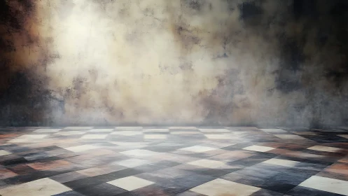 Weathered studio backdrop with moody checkered floor invites focus