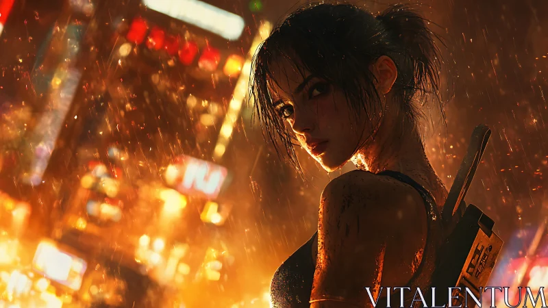 Lone cyberpunk heroine stands defiant in neon city rain