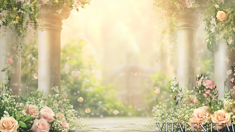 Softly glowing rose garden doorway to a secret morning.