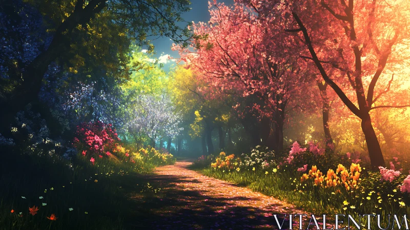 Colorful forest path under bright spring blossom trees.