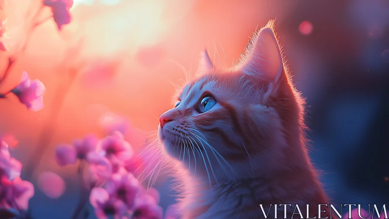 White Cat Gazing Upward Among Pink Flowers. Ethereal Light.