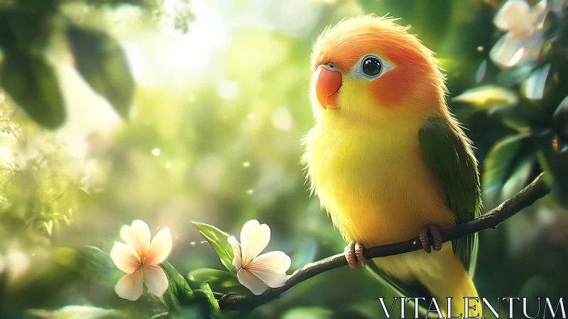 Vibrant Lovebird on Branch in Dreamy Spring Garden Scene.