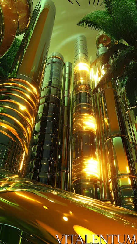 Golden rainforest towers in a chrome soaked future skyline.