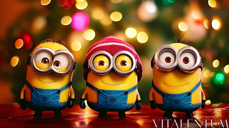 Three stylized yellow mascots in denim before festive bokeh