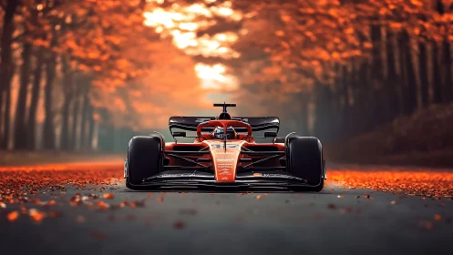 Scarlet Formula racer amid glowing autumn forest road.