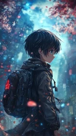 Quiet city wanderer under glowing blue evening sky.