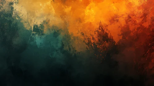 Abstract fiery and dark textured painting with dramatic contrast.