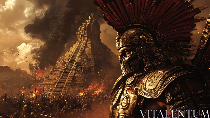 Warrior in golden armor guarding a burning ancient temple.