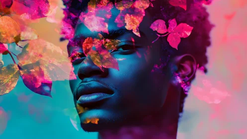 Neon portrait merges foliage overlays with iridescent skin tones.