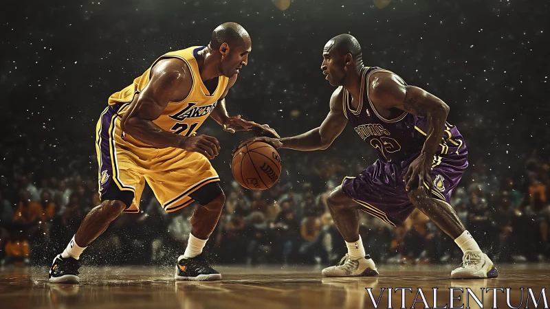 Basketball duel of two opposing players in tense standoff.