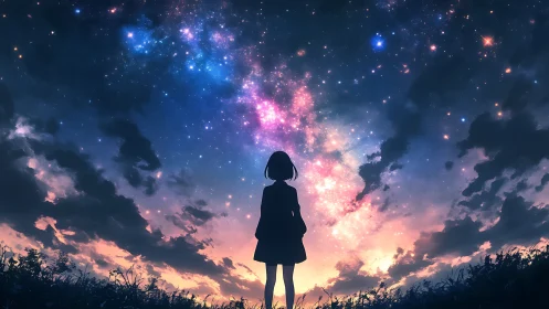 Stargazing silhouette girl under a candy nebula skyscape.