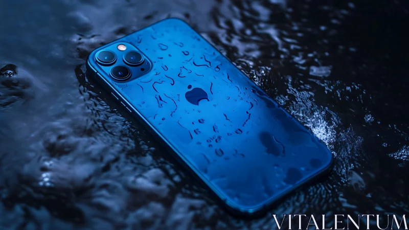 Blue iPhone 13 Pro in Water with Droplets.