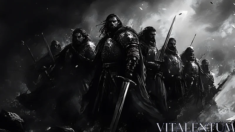 Storm-forged knights stride through the grayscale battlefield veil