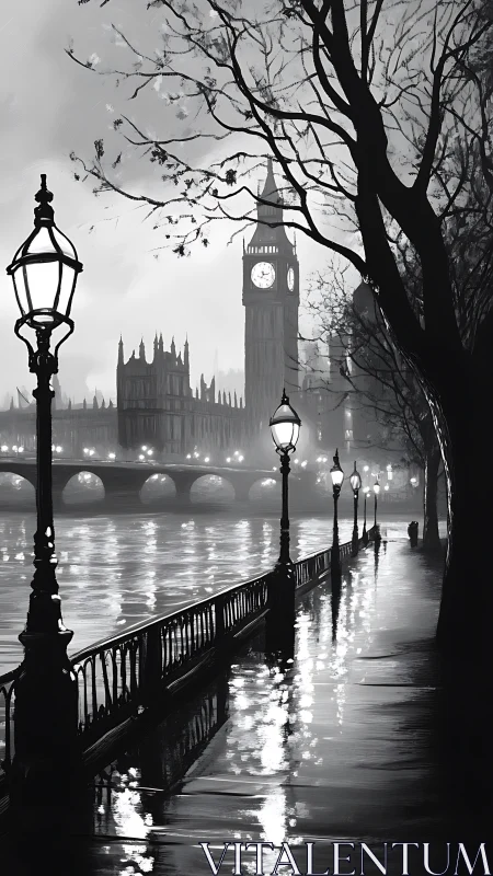 Rain-soaked London riverside glows beneath lamplit mist.