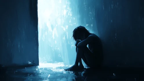 Solitary figure in blue corridor lit by harsh backlight