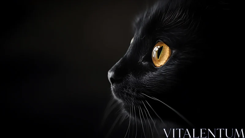 Black cat head profile with amber iris against dark background