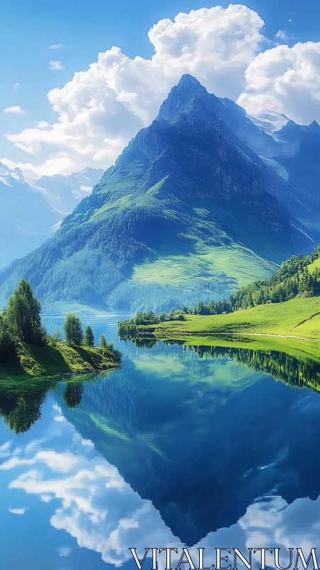 Mountain peak reflected in calm blue alpine lake