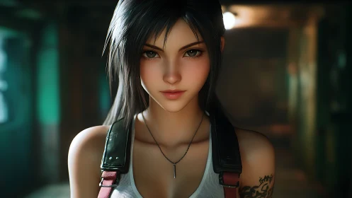 Warrior girl portrait under moody corridor lighting.