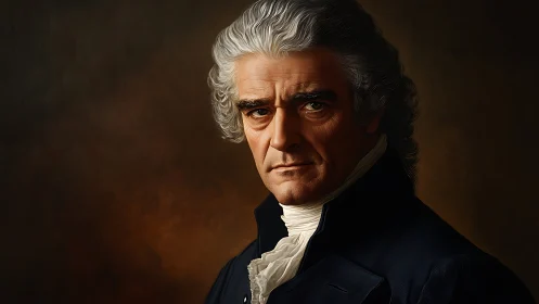 Stern older gentleman in period attire studies viewer