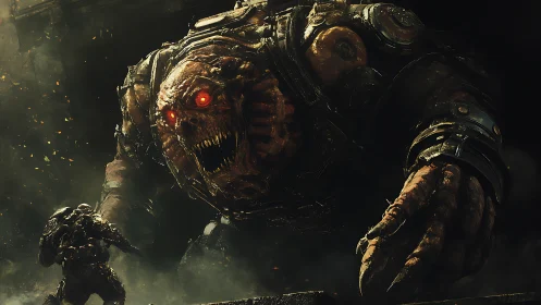 Colossal demon brute leans into a lone soldier’s doomed stand