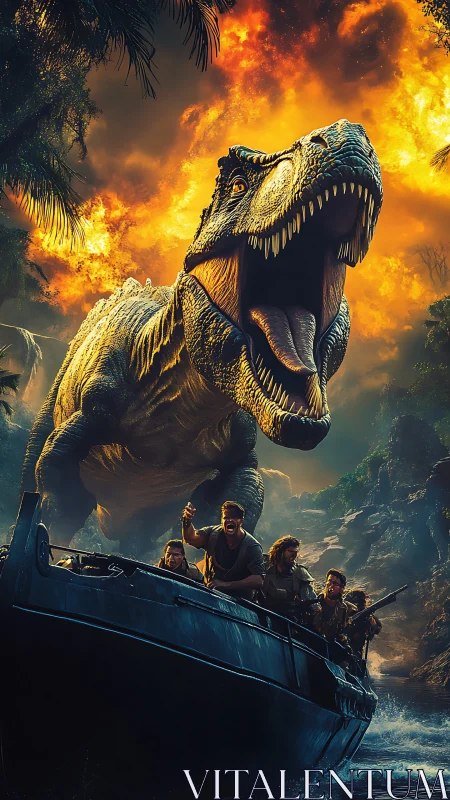 Cinematic T‑Rex river pursuit with armed explorers at sunset