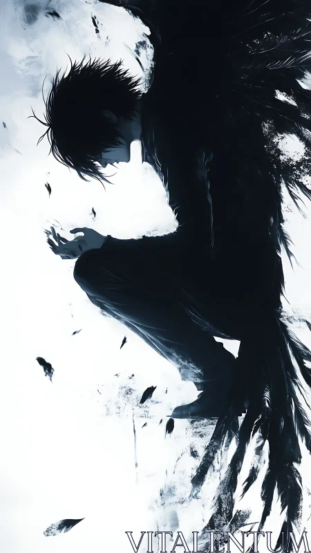 Shadow winged dreamer curls inward as feathers dissolve