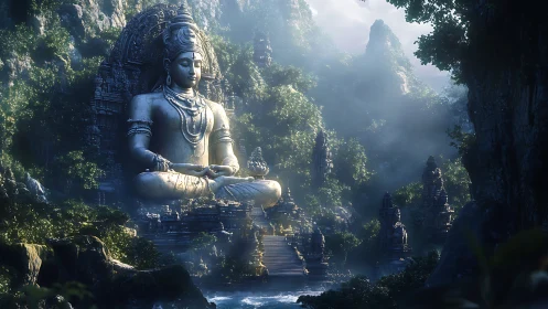 Serene mountain temple with a peaceful stone meditation deity.