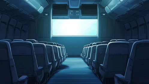 Sunlit empty airplane cabin dreaming of distant horizons.