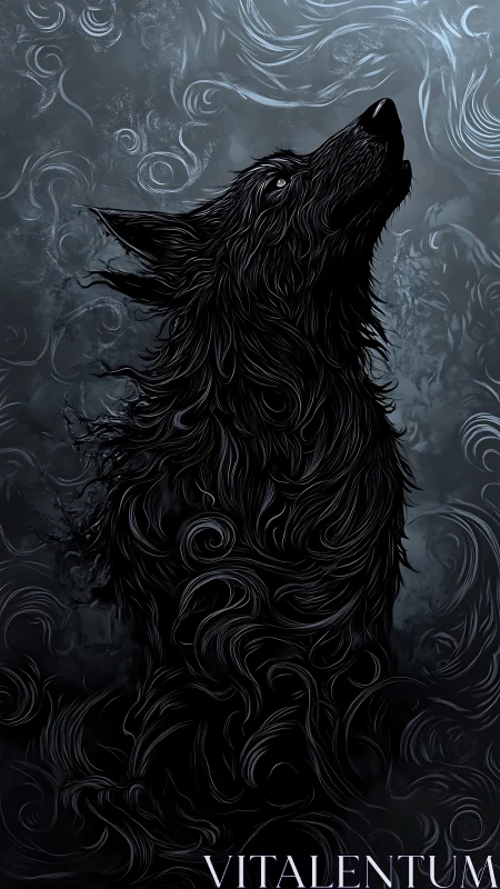 Shadow wolf silhouette within swirling nocturnal mist.