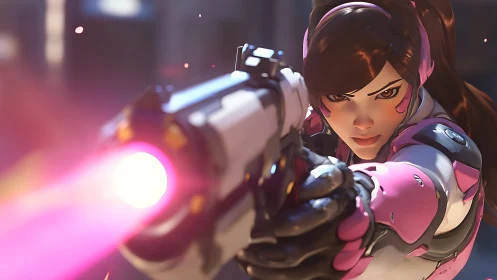 Armored character discharges focused pink energy blast