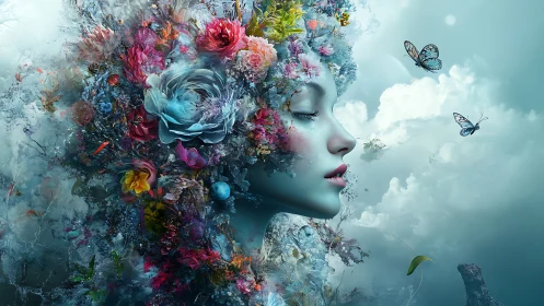Dreaming in Bloom: Serene Floral Spirit Among Clouds.