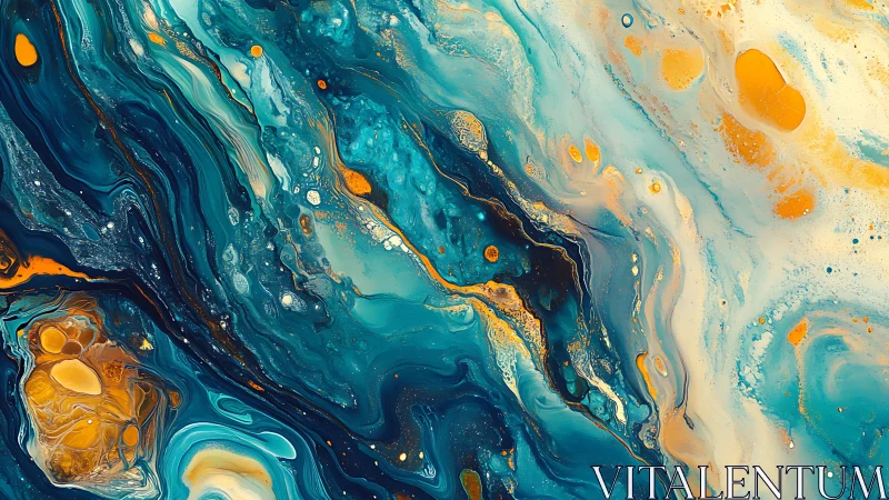 Turquoise and amber fluid dynamics in abstract marbled field