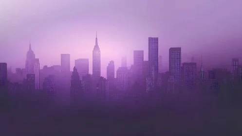 Purple-lit city skyline emerges through dreamy urban haze.