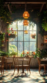 Sunlit caf&eacute; interior with plants and mountain window view.